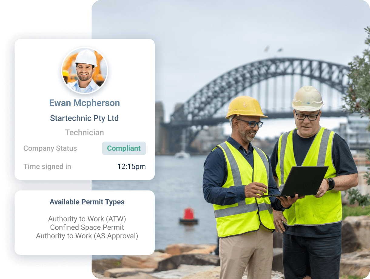 Construction workers using digital permit system near Sydney Harbour Bridge